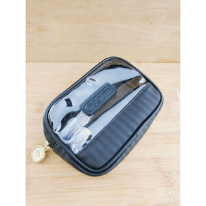 Oscar De La Renta Makeup Bag Black Striped Clear Front Zipper Travel Case